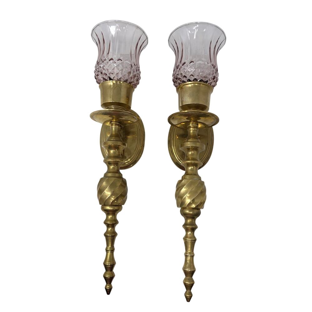 Vintage Brass Wall Sconces Pink Glass Shades Hollywood Regency Pair